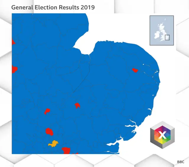 House of Commons map of the east of England by party colours