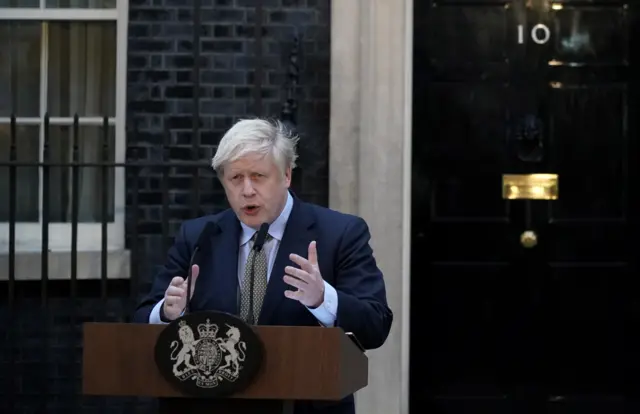 Prime Minister Boris Johnson makes a statement in Downing Street after receiving permission to form the next government during an audience with Queen Elizabeth II at Buckingham Palace earlier today