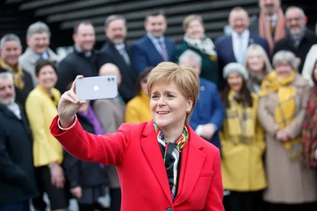 Nicola Sturgeon joins the Scottish National Party SNP"s newly elected MPs for a group photo