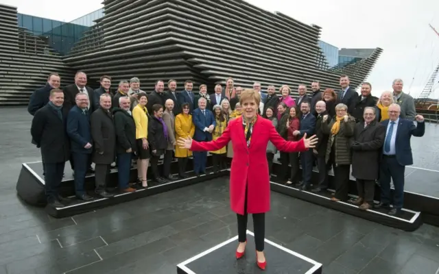 Nicola Sturgeon joins the Scottish National Party SNP"s newly elected MPs for a group photo