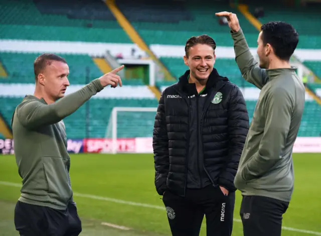 Celtic's Leigh Griffiths, Hibs' Scott Allan and Celtic's Lewis Morgan