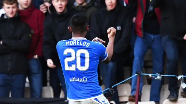 Alfredo Morelos gestures to the Rangers fans