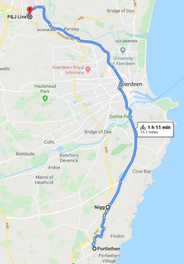 Portlethen to Aberdeen map
