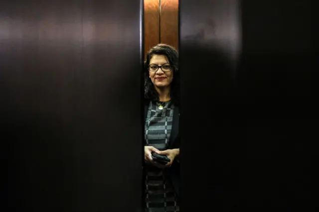 A lift door closes on Congresswoman Tlaib on Capitol Hill