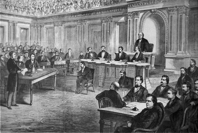 An engraving showing the impeachment trial of President Andrew Johnson in the Senate March 13, 1868. The House approved 11 articles of impeachment against Andrew Johnson in 1868, arising essentially from political divisions over Reconstruction following the Civil War.