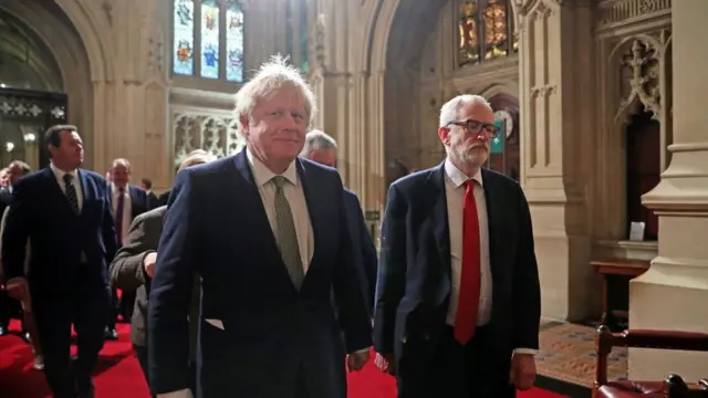 Prime Minister, Boris Johnson, and Labour Party leader, Jeremy Corbyn, arrive for the State Opening of Parliament by Queen Elizabeth