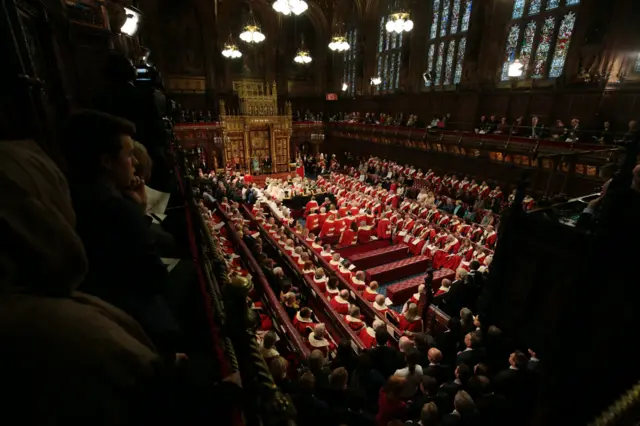 Queen Elizabeth II, the Prince of Wales and members and guests sit in the chamber during the State Opening of Parliament by the Queen, in the House of Lords at the Palace of Westminster in London.