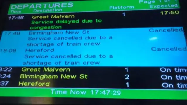 Train schedule showing cancelled services