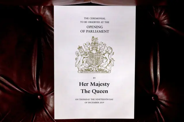 An order of service placed on a seat in the chamber ahead of the State Opening of Parliament by Queen Elizabeth II