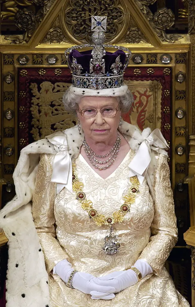 The Queen in her full Robe of State at the State Opening of Parliament in 2002