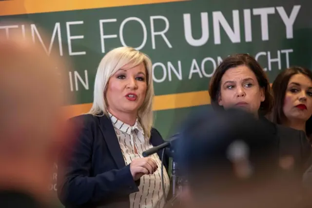 Mary Lou McDonald (R) and Michelle O"Neill (L) speak at their manifesto launch