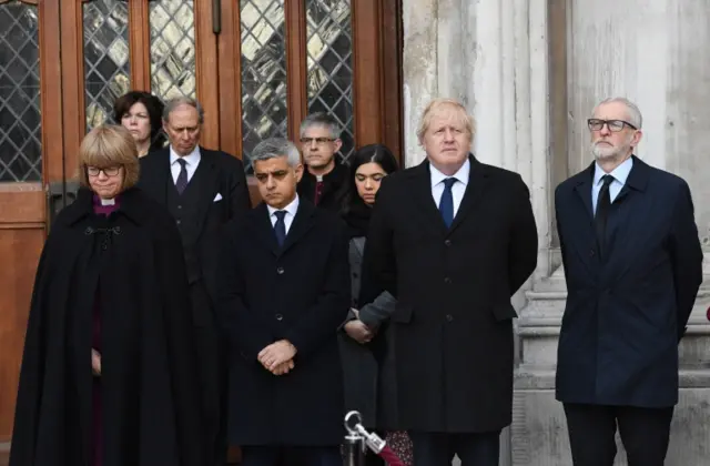 Bishop of London Sarah Mullally, London Mayor Sadiq Khan, PM Boris Johnson and Labour's Jeremy Corbyn