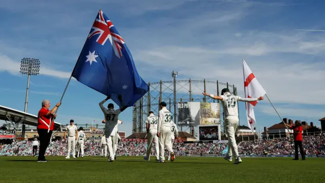 England and Australia walking on to the field at The Oval