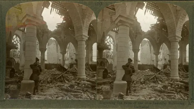 Soldiers surveying all that remained of Richbourg Cathedral after it was destroyed by explosions in around 1915