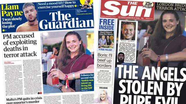 Monday's newspaper front pages - the Guardian and the Sun