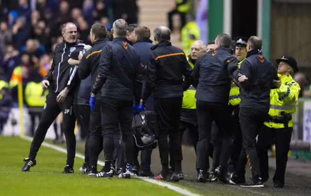 Backroom staff of Hibernian and Rangers clash