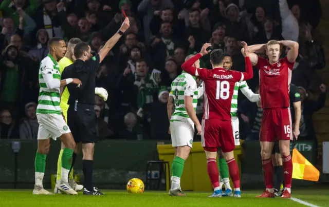 Aberdeen striker Sam Cosgrove is given his marching orders in the defeat by Celtic