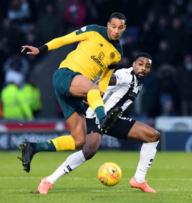 Celtic's Christopher Jullien and St Mirren's Jon Obika vie for possession