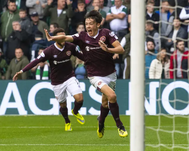 Aaron Hickey celebrates his Edinburgh derby winner when the sides met at Easter Road in September