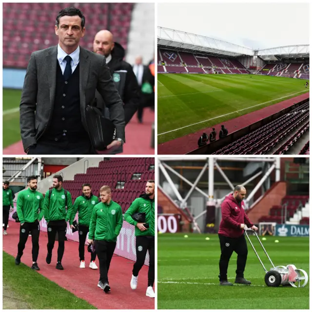 Clockwise from top left: Hibs boss Jack Ross, the pitch at Tynecastle, Hibs players walking trackside and a groundsman with last-minute preparations