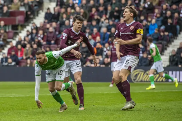 Hearts captain Christophe Berra is unable to prevent Martin Boyle from scoring