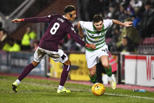 Hearts' Sean Clare in action against Celtic winger James Forrest