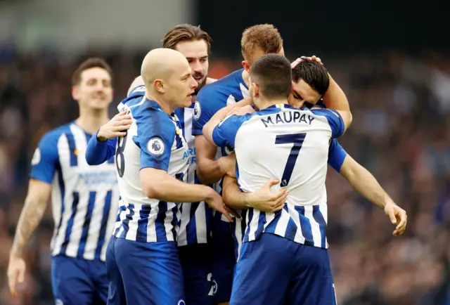 Alireza Jahanbakhsh celebrates scoring Brighton's first goal with teammates