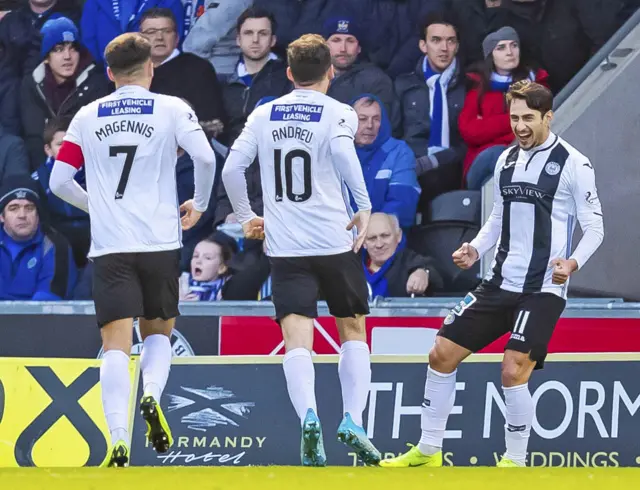 Ilkay Durmus (right) celebrates his goal for St Mirren