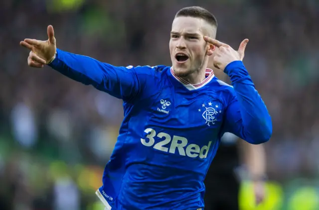 Ryan Kent celebrates after firing Rangers into the lead at Celtic Park