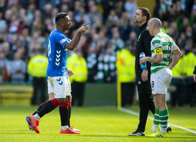 Rangers' Alfredo Morelos exchanges words with Celtic's Scott Brown after being sent off