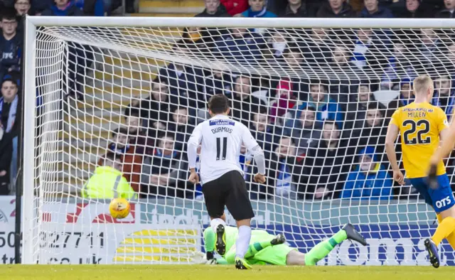 Ilkay Durmus watches as his shot beats Kilmarnock goalkeeper Laurentiu Branescu to give St Mirren the lead