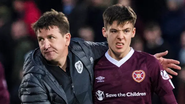 Hearts manager Daniel Stendel and Aaron Hickey