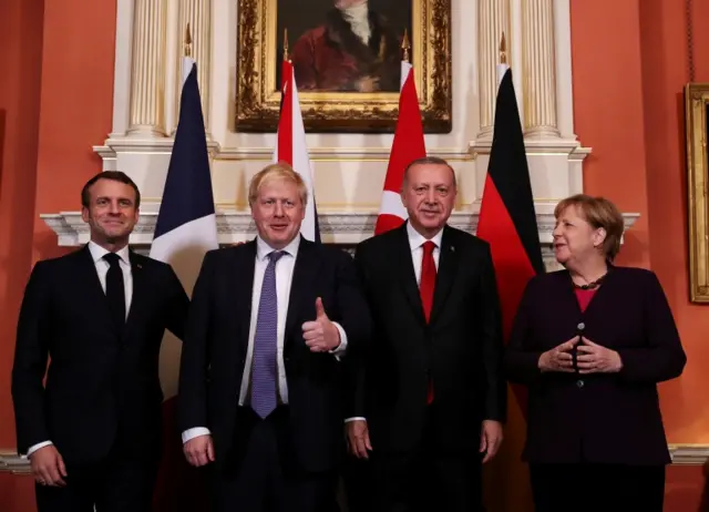 From left: Emmanuel Macron, Boris Johnson, Recep Tayyip Erdoğan and Angela Merkel