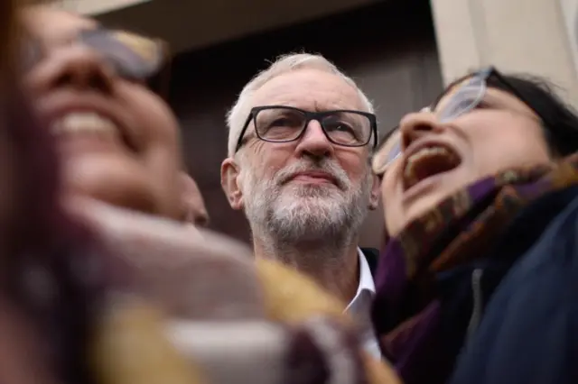 Labour Leader Jeremy Corbyn takes selfies with ancillary workers protesting at Birkbeck College, SOAS, University of London