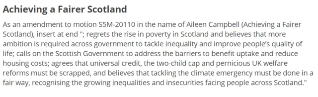 As an amendment to motion S5M-20110 in the name of Aileen Campbell (Achieving a Fairer Scotland), insert at end "; regrets the rise in poverty in Scotland and believes that more ambition is required across government to tackle inequality and improve people’s quality of life; calls on the Scottish Government to address the barriers to benefit uptake and reduce housing costs; agrees that universal credit, the two-child cap and pernicious UK welfare reforms must be scrapped, and believes that tackling the climate emergency must be done in a fair way, recognising the growing inequalities and insecurities facing people across Scotland."