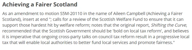 As an amendment to motion S5M-20110 in the name of Aileen Campbell (Achieving a Fairer Scotland), insert at end "; calls for a review of the Scottish Welfare Fund to ensure that it can support those hardest hit by welfare reform; notes that the original report, Shifting the Curve, recommended that the Scottish Government should be 'bold on local tax reform', and believes it is imperative that ongoing cross-party talks on council tax reform result in a progressive local tax that will enable local authorities to better fund local services and promote fairness."