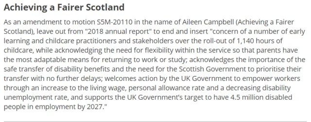 As an amendment to motion S5M-20110 in the name of Aileen Campbell (Achieving a Fairer Scotland), leave out from "2018 annual report" to end and insert "concern of a number of early learning and childcare practitioners and stakeholders over the roll-out of 1,140 hours of childcare, while acknowledging the need for flexibility within the service so that parents have the most adaptable means for returning to work or study; acknowledges the importance of the safe transfer of disability benefits and the need for the Scottish Government to prioritise their transfer with no further delays; welcomes action by the UK Government to empower workers through an increase to the living wage, personal allowance rate and a decreasing disability unemployment rate, and supports the UK Government’s target to have 4.5 million disabled people in employment by 2027."