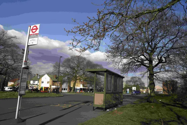 A general view shows a bus stop near the Goat Pub in Croydon,