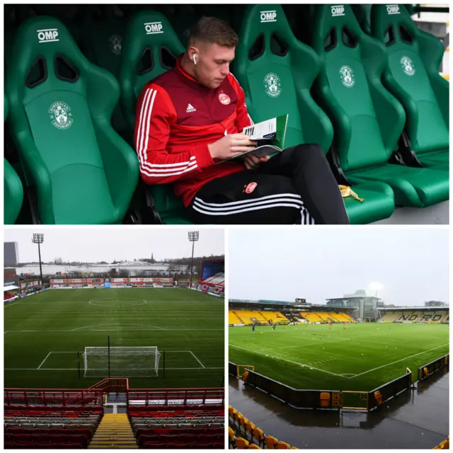 From clockwise: Aberdeen striker Sam Cosgrove has a quiet read in the dugout ahead of facing Hibs, Livingston v Kilmarnock and Hamilton Accies v St Mirren