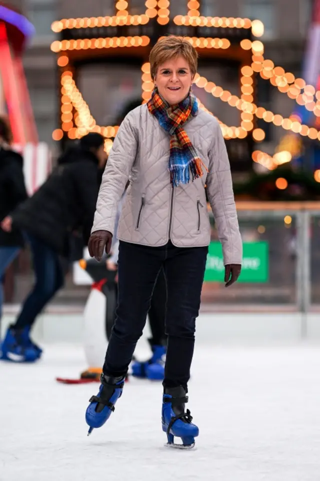 First Minister Nicola Sturgeon ice skates at a Christmas Market on December 7, 2019 in Aberdeen