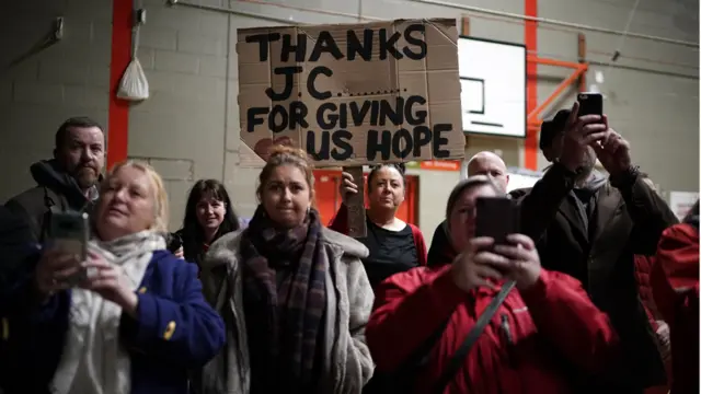 Supporters listen to Labour Leader Jeremy Corbyn during an election campaign event at Colwyn Bay Leisure Centre on December 08, 2019 in Llanfairfechan