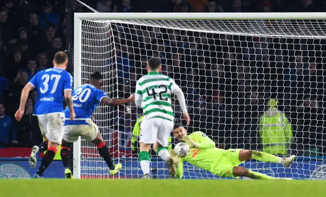 Rangers' Alfredo Morelos watches as his penalty is saved