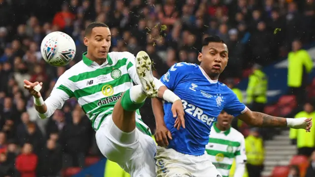 Celtic's Christopher Jullien and Rangers' Alfredo Morelos