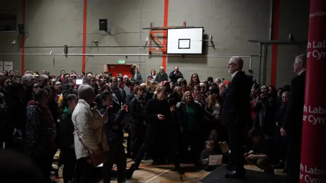 Labour Leader Jeremy Corbyn addresses supporters during an election campaign event at Colwyn Bay Leisure Centre on December 08, 2019 in Llanfairfechan, Wales