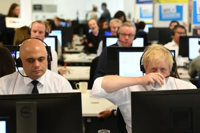 Sajid Javid and Boris Johnson at Conservative Campaign Headquarters call centre