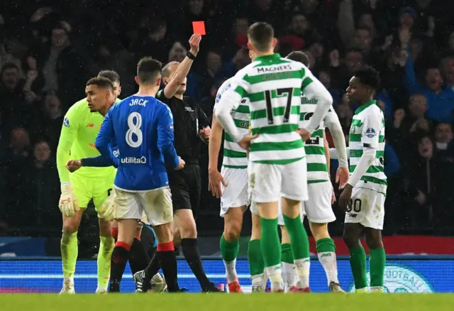 Jeremie Frimpong is sent off after conceding the penalty