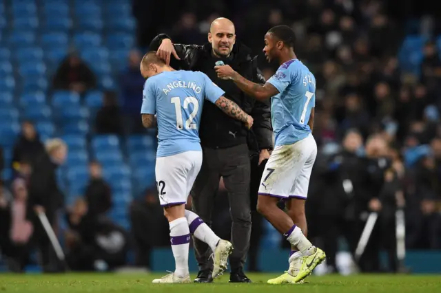 Angelino, Sterling and Pep Guardiola looking disconsolate after losing to Man United