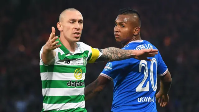 Scott Brown (left) and Rangers' Alfredo Morelos