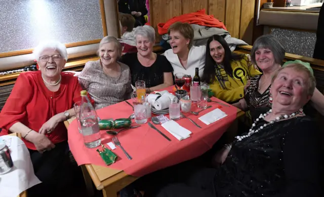 SNP leader and Scotland"s First Minister Nicola Sturgeon (centre) attends an SNP general election campaign event at Blantyre Miners Club in Blantyre, south east of Glasgow