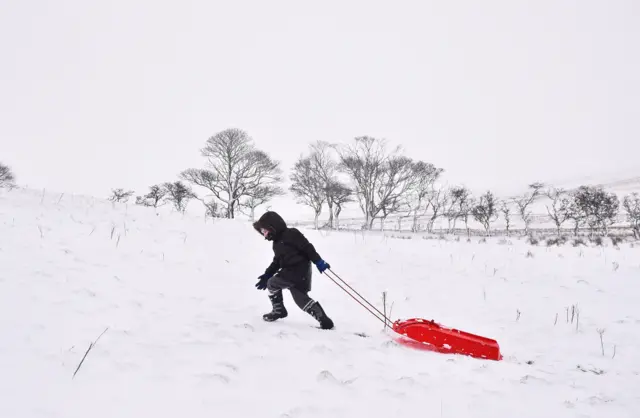 A child pulls a sled through the snow